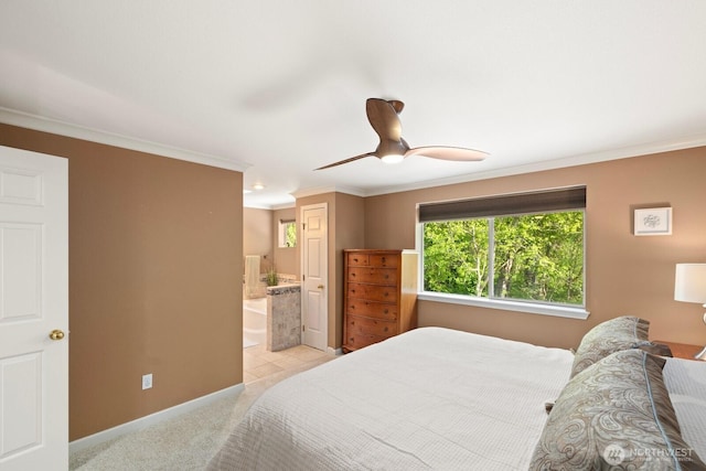 bedroom featuring ornamental molding, light carpet, baseboards, connected bathroom, and a ceiling fan