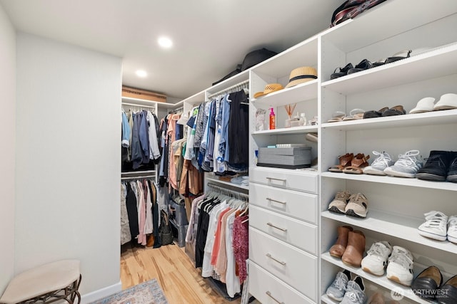 walk in closet with light wood-style flooring