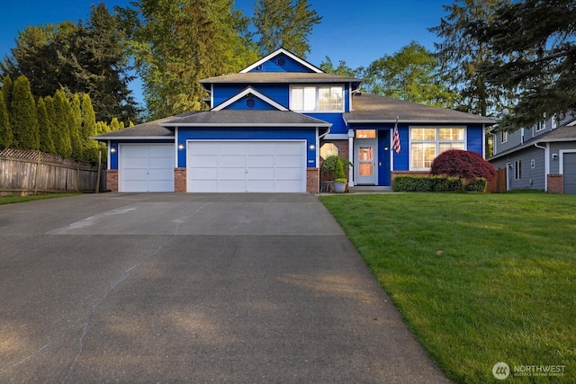 view of front of house with fence, a front yard, brick siding, concrete driveway, and an attached garage