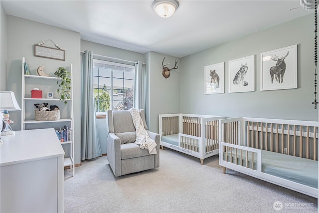 bedroom with a nursery area and carpet