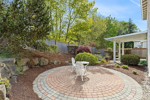 view of yard with a fenced backyard and a patio