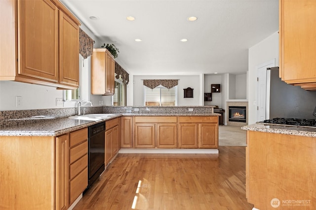 kitchen featuring a sink, light wood-type flooring, a peninsula, and dishwasher