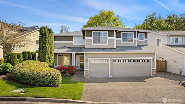 view of front of house with fence, an attached garage, driveway, and roof with shingles
