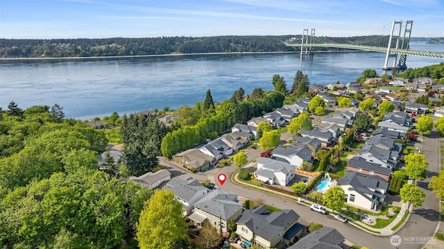 bird's eye view featuring a water view and a residential view
