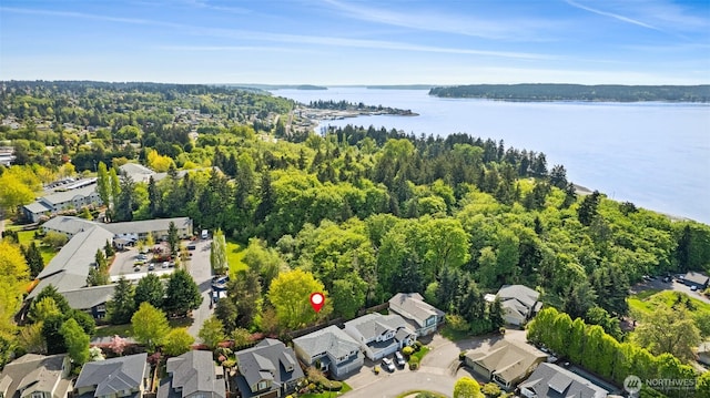 bird's eye view featuring a water view, a view of trees, and a residential view