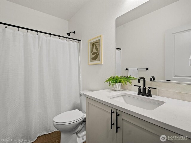 1349 Bill Ave, Walla Walla, WA 99362 - bathroom featuring toilet, vanity, wood finished floors, and a shower with curtain