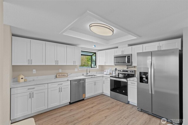 kitchen featuring appliances with stainless steel finishes, a sink, a raised ceiling, light wood-style floors, and white cabinetry