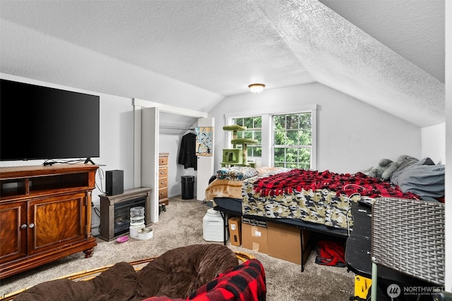 505 S 8th, Shelton, WA 98584 - carpeted bedroom with lofted ceiling, a textured ceiling, a wood stove, a closet, and a spacious closet