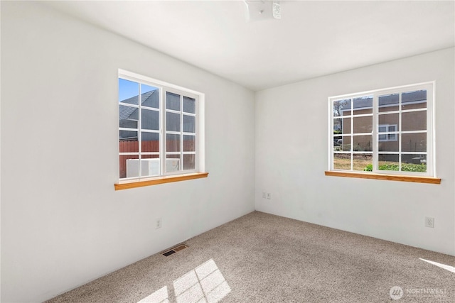 unfurnished room featuring visible vents, carpet, and a healthy amount of sunlight