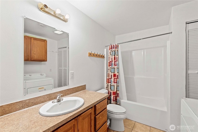 full bathroom with shower / bath combo, vanity, toilet, tile patterned floors, and washer / clothes dryer