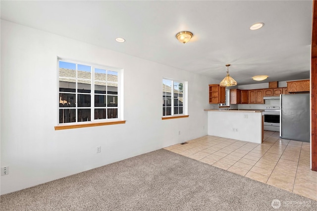 kitchen with a healthy amount of sunlight, light colored carpet, freestanding refrigerator, a peninsula, and electric stove