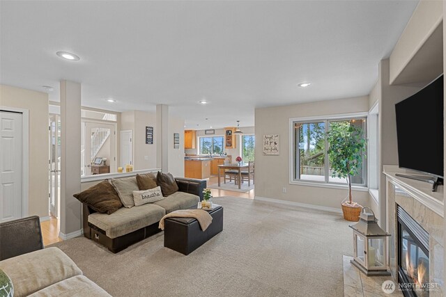 6211 116th Ave NE, Kirkland, WA 98033 - living area with baseboards, recessed lighting, light carpet, and a tile fireplace
