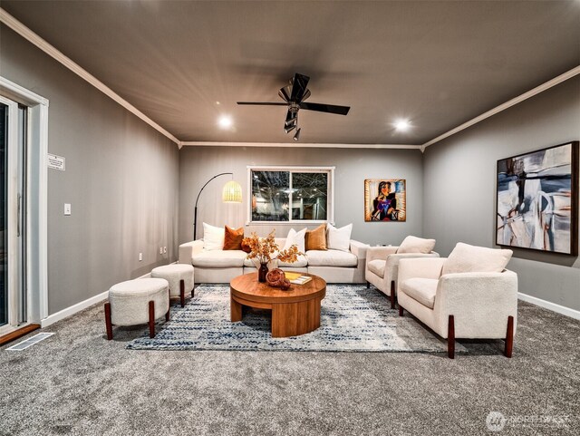 carpeted living area featuring crown molding, visible vents, baseboards, recessed lighting, and a ceiling fan