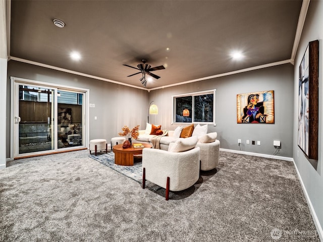 living area featuring recessed lighting, a ceiling fan, carpet, and crown molding