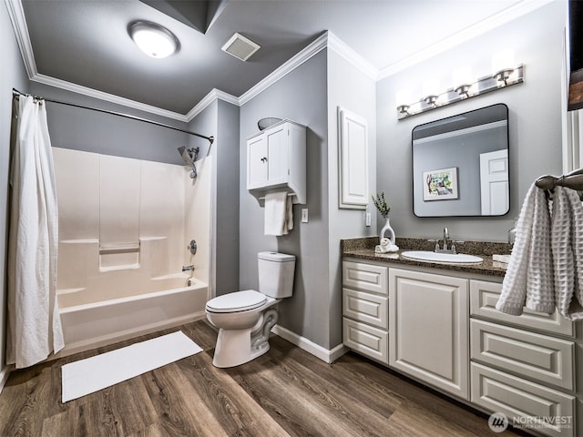full bath featuring visible vents, ornamental molding, wood finished floors, and toilet