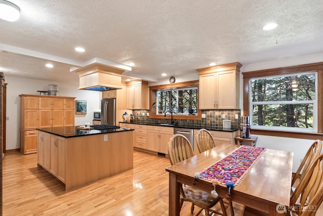 11451 O Ave, Anacortes, WA 98221 - kitchen with light brown cabinetry, a textured ceiling, a sink, light wood finished floors, and stainless steel appliances