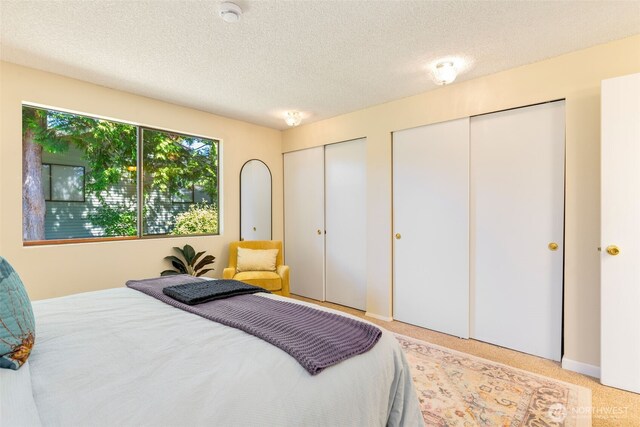 bedroom with two closets, carpet flooring, and a textured ceiling