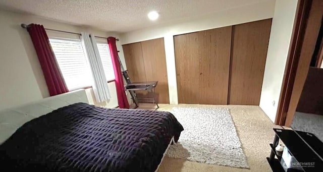 bedroom featuring carpet floors, two closets, and a textured ceiling