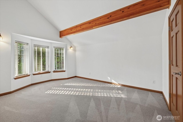 161 E Heron Cv, Shelton, WA 98584 - carpeted empty room with baseboards and lofted ceiling with beams
