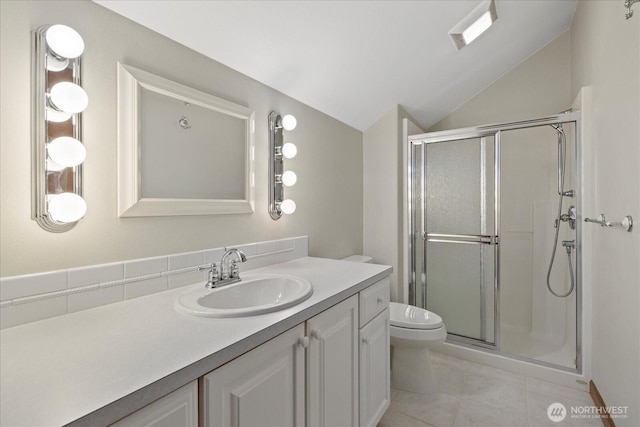 161 E Heron Cv, Shelton, WA 98584 - full bath with tile patterned flooring, a stall shower, vaulted ceiling, and vanity