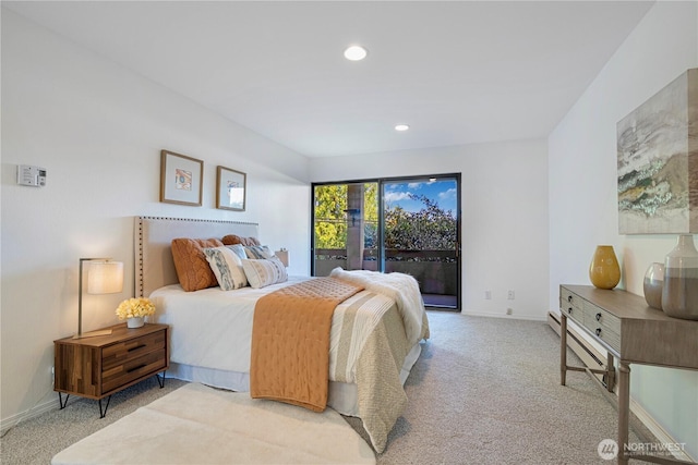 carpeted bedroom featuring baseboards, access to outside, and recessed lighting