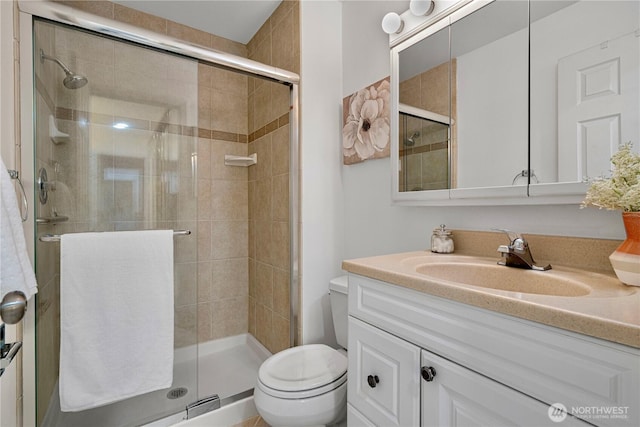full bathroom with toilet, a shower stall, and vanity