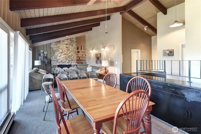 12429 NE 130th Ct Unit G201, Kirkland, WA 98034 - dining area with carpet, high vaulted ceiling, beam ceiling, baseboard heating, and wooden ceiling