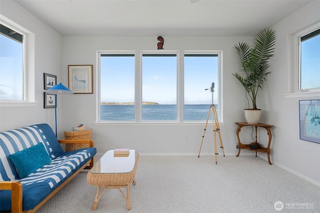 living area with baseboards, carpet flooring, and a water view