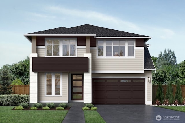 view of front of home featuring concrete driveway, fence, a front lawn, and a garage
