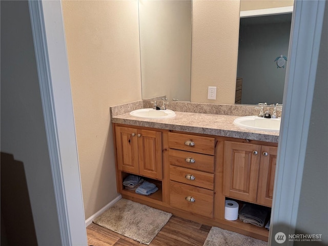 full bathroom featuring a sink, double vanity, and wood finished floors
