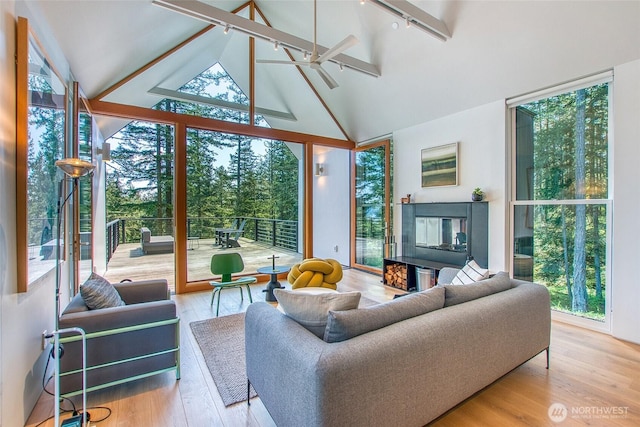 51 Lakshmi Rd, Orcas Island, WA 98245 - living room featuring healthy amount of natural light, ceiling fan, floor to ceiling windows, wood finished floors, and beam ceiling