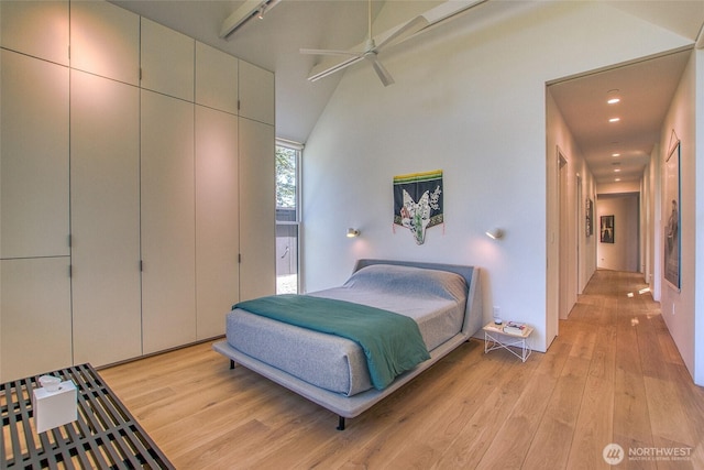 51 Lakshmi Rd, Orcas Island, WA 98245 - bedroom featuring light wood-style flooring, recessed lighting, lofted ceiling, and a ceiling fan