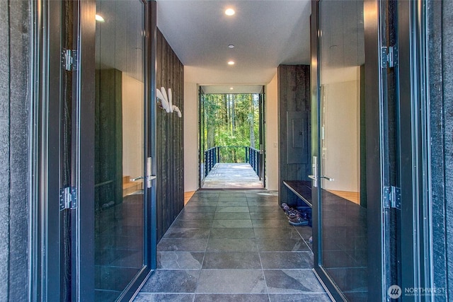51 Lakshmi Rd, Orcas Island, WA 98245 - hall featuring recessed lighting, french doors, and dark tile patterned flooring