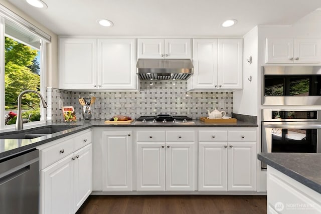 kitchen featuring decorative backsplash, dark countertops, a sink, stainless steel appliances, and extractor fan