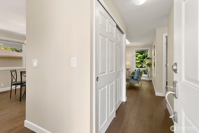 corridor with baseboards and dark wood-style floors