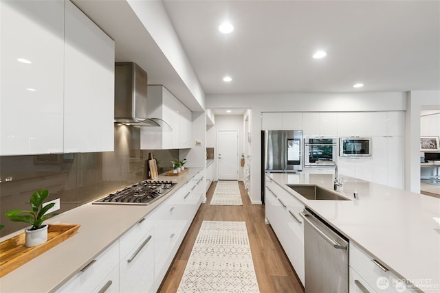kitchen with modern cabinets, light wood-type flooring, a sink, stainless steel appliances, and wall chimney exhaust hood