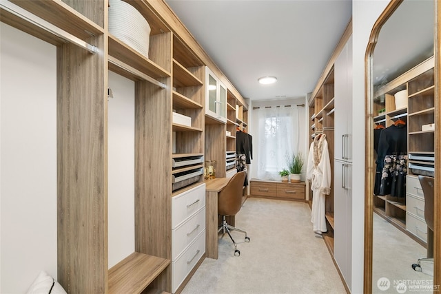 spacious closet featuring built in study area and light carpet