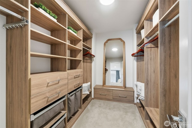 walk in closet featuring arched walkways and light carpet
