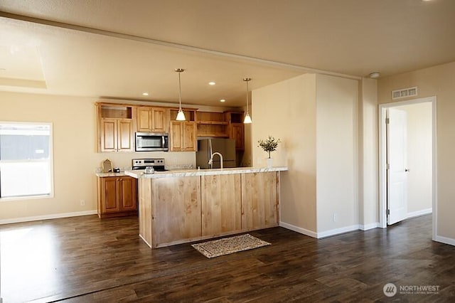 kitchen featuring open shelves, dark wood finished floors, stainless steel appliances, a peninsula, and visible vents