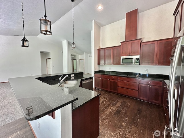 kitchen with stainless steel appliances, vaulted ceiling, dark wood finished floors, and reddish brown cabinets