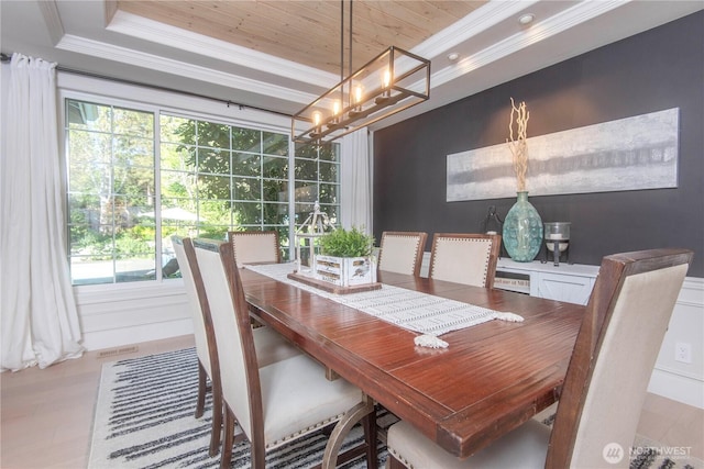 dining room featuring ornamental molding, visible vents, wooden ceiling, a chandelier, and a tray ceiling