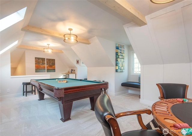 game room with carpet floors, baseboards, lofted ceiling with skylight, and billiards