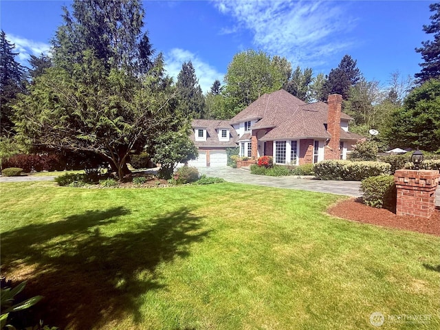 traditional-style home with a garage, driveway, a chimney, and a front lawn