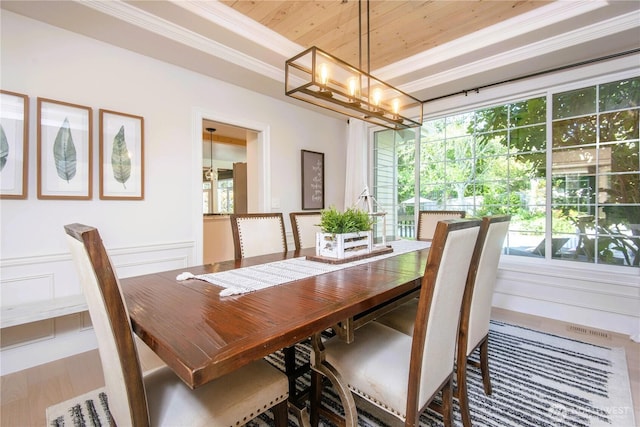 12938 196th Ct NE, Woodinville, WA 98077 - dining area with a chandelier, crown molding, wood finished floors, and wooden ceiling