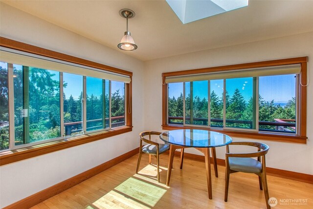 97 Snowberry Ln, Orcas Island, WA 98245 - dining area featuring a skylight and light wood-type flooring