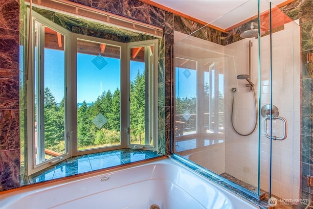 97 Snowberry Ln, Orcas Island, WA 98245 - bathroom featuring a shower stall and a jetted tub