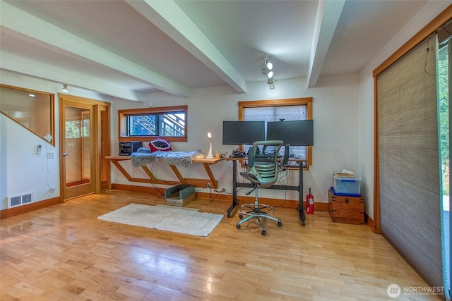 97 Snowberry Ln, Orcas Island, WA 98245 - home office with wood finished floors and beam ceiling