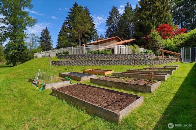 view of community featuring a lawn, fence, and a vegetable garden