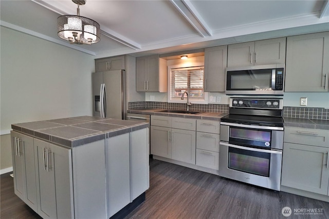kitchen featuring a sink, dark wood-style floors, gray cabinetry, and stainless steel appliances