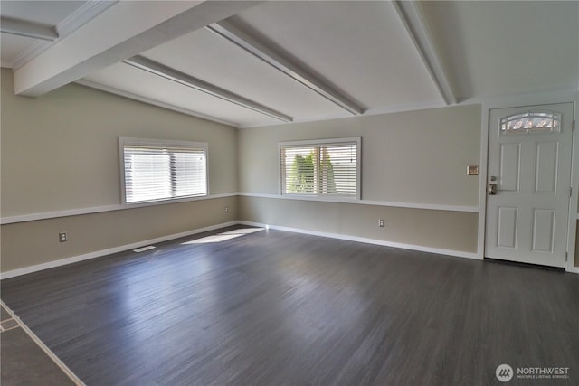 unfurnished room featuring baseboards, lofted ceiling with beams, and dark wood-type flooring